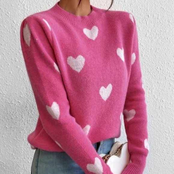 Heart Print Long sleeve Knit Sweater Top pink - Picture 4 of 6